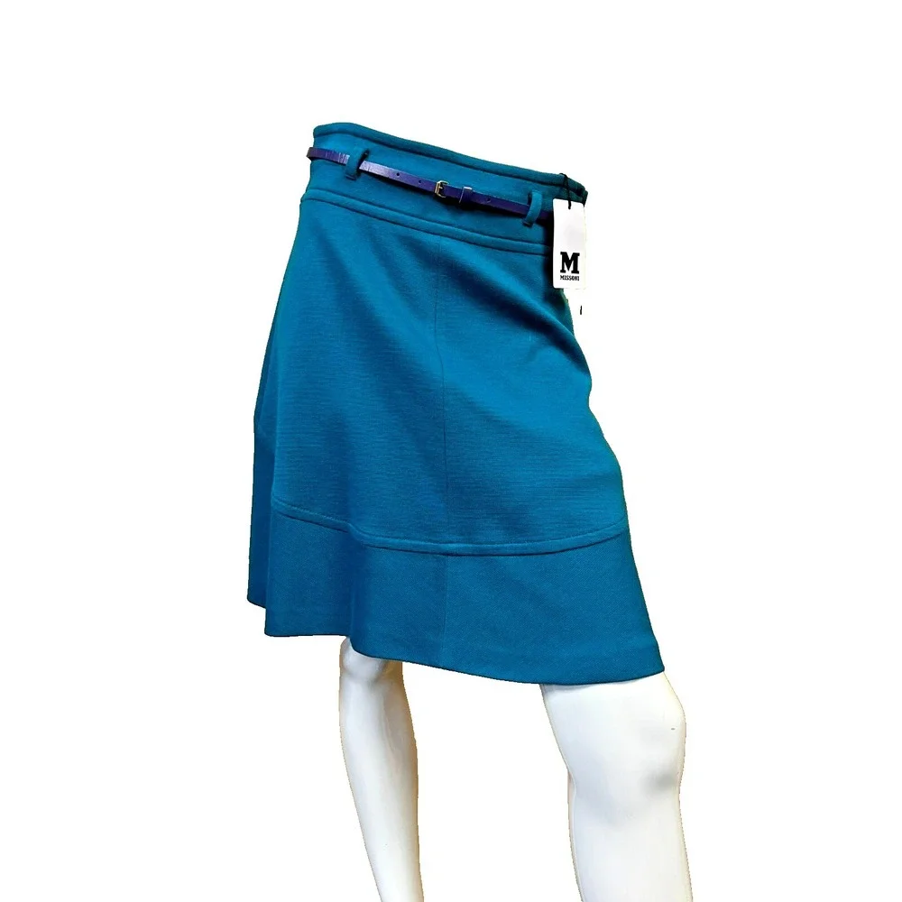 NEW M Missoni A-Line Belted Knee Skirt Teal Blue Wool Blend Lined Side Zip, 44/M